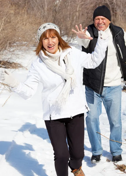 Happy seniors couple in winter park — Stock Photo, Image