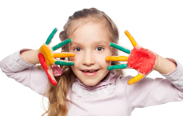 Meisje met geschilderde palmen — Stockfoto