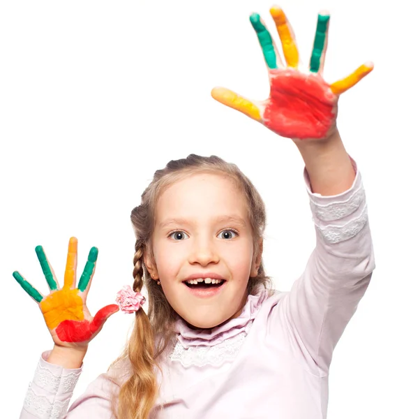 Girl with painted palms — Stock Photo, Image