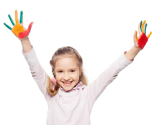 Meisje met geschilderde palmen — Stockfoto