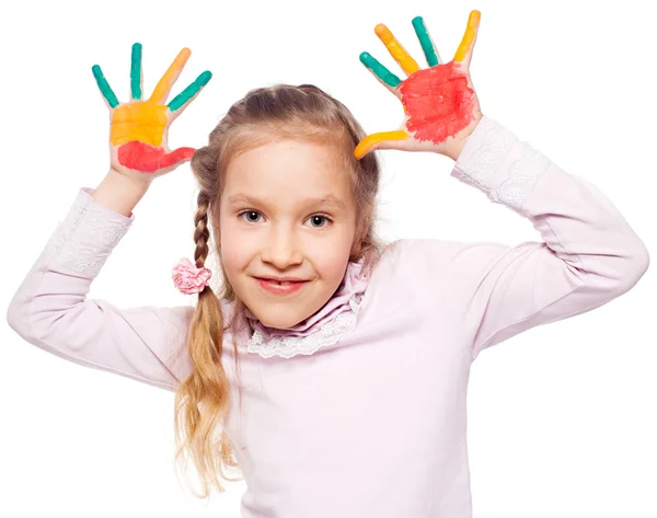 Girl with painted palms — Stock Photo, Image