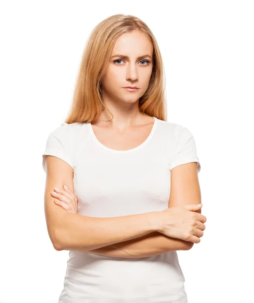 Frau auf weißem Hintergrund — Stockfoto