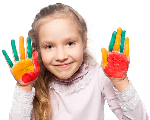 Girl with painted palms — Stock Photo, Image