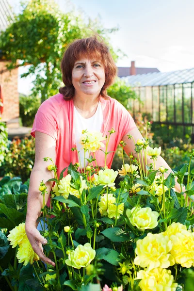 Mujer en el jardín cuida de las flores —  Fotos de Stock