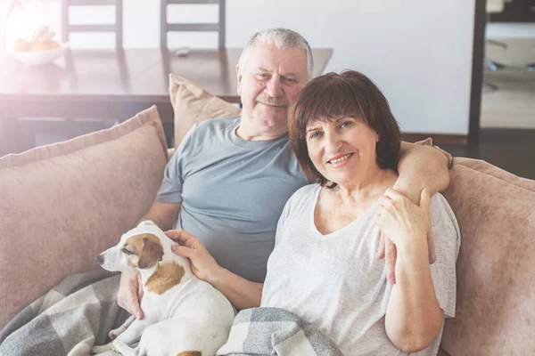 Happy Elderly Couple Sitting Sofa Home Seniors Dog — Stock Photo, Image