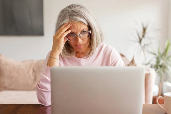 전반적 중년의 여성은 거실에 앉아서 노트북을 사용하여 생각하거나 사려깊고 백발의 — 스톡 사진