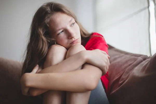 Sad Thoughtful Teen Girl Sits Couch Feels Depressed Offended Lonely — Stock Photo, Image