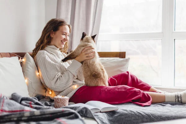 Gatto Carino Sulle Mani Dei Proprietari Giorno Inverno Ragazza Rilassante — Foto Stock