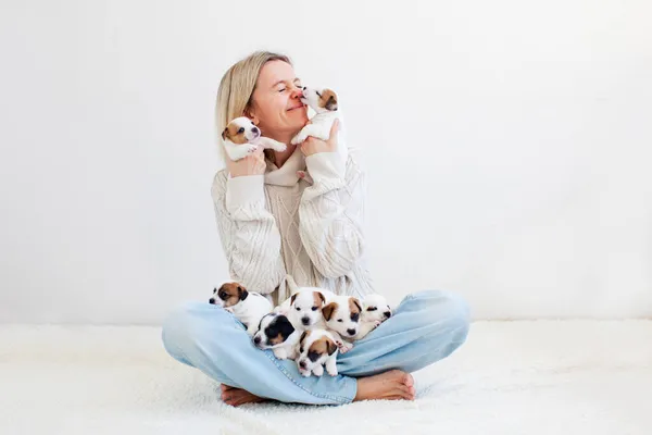 Mujer Sonriente Sosteniendo Cuidando Muchos Cachorros Sobre Fondo Pared Blanco — Foto de Stock