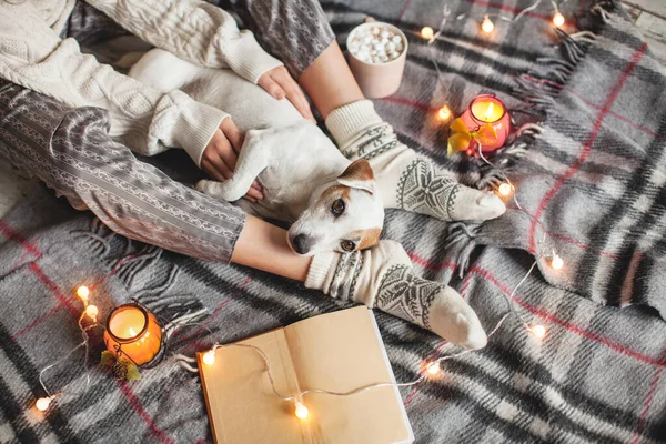 Woman Wearing Cozy Warm Wool Socks Relaxing Home Drinking Cacao — Stock Photo, Image