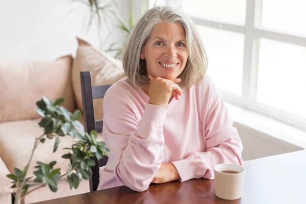 Smiling Middle Age Woman Have Relax Home Cup Tea Coffee — Foto Stock