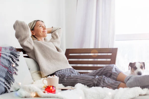 Peaceful Adult Woman Hands Head Relaxing Cozy Sofa Home Daydreaming — Stockfoto