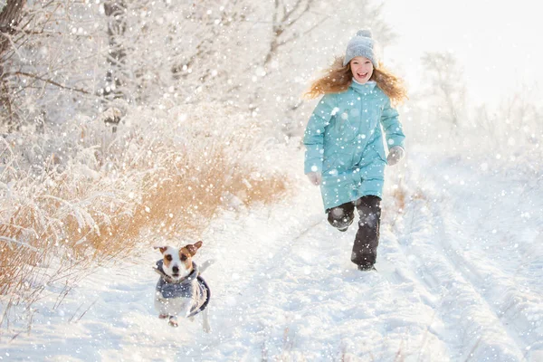 Child Walking Winter Park Happy Girl Snow Dog — Photo