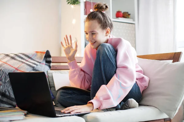 Young Happy Smiling Student Talking Online Chat Meeting Using Laptop — Stockfoto