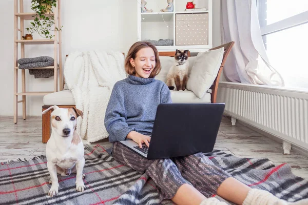 Feliz Joven Sonriente Sentada Sofá Usando Computadora Portátil Casa Mirando —  Fotos de Stock