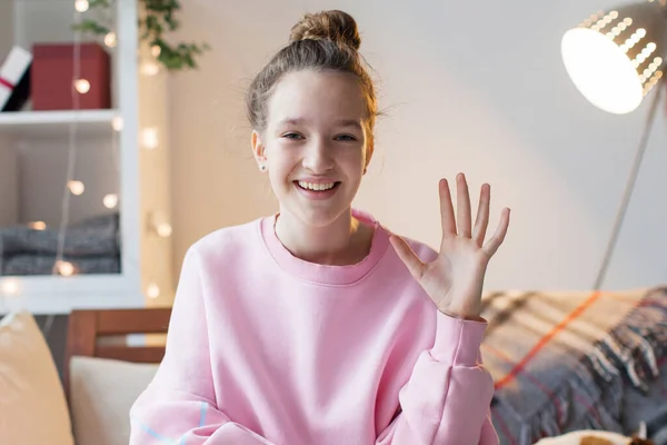 Happy Teen Girl Student Making Video Call Distant Friend Looking — Stock Photo, Image