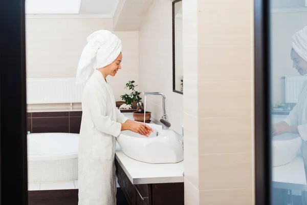 Attractive Middle Aged Woman Washes Her Face Bathroom Morning Adult — Stock Photo, Image