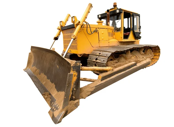 Le lourd bulldozer sale du bâtiment de couleur jaune — Photo