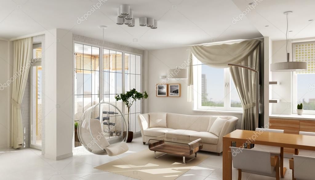 Interior of modern luxury light apartment, 3D render