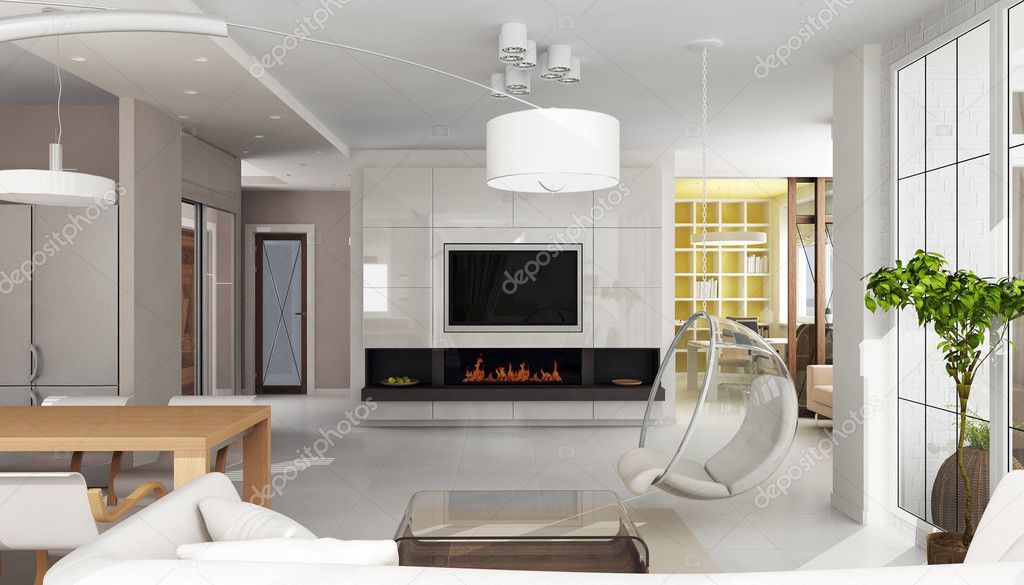 Luxury apartment interior with fireplace