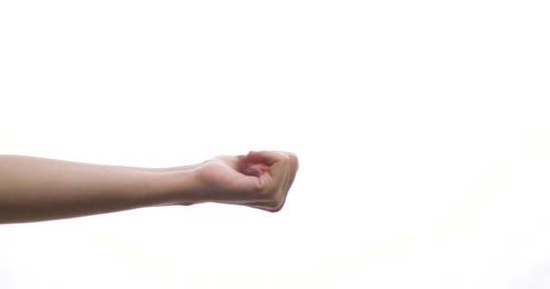 Hand gesture. Give me that. Woman fingers demanding something, isolated on white background. — Stock Video