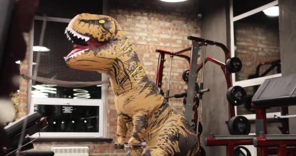 Muñeca dinosaurio con persona dentro en el gimnasio, trenes, hace ejercicio bíceps. Buen humor durante el entrenamiento. Muñeca inflable. entrenamiento con animales prehistóricos. — Vídeos de Stock