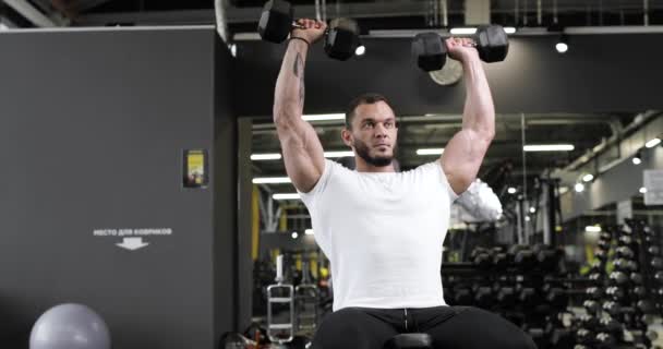 Active bodybuilder, young man lifting heavy weights black dumbbells concentrating working out alone. — Stockvideo