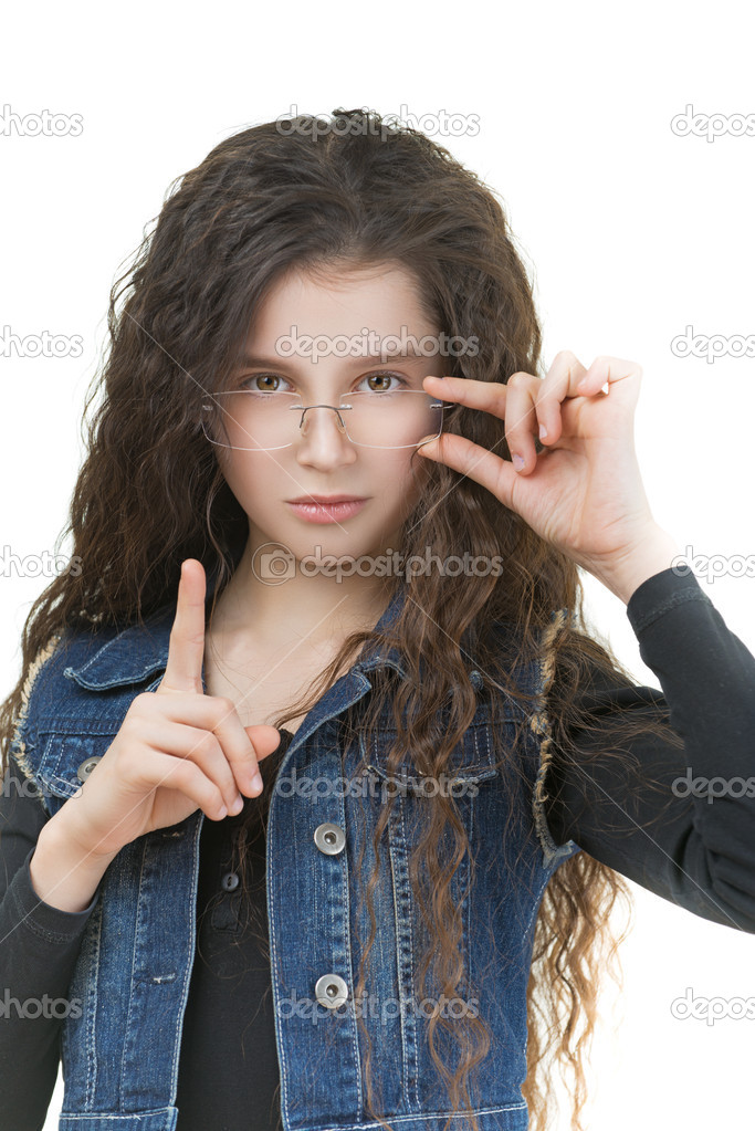 schoolgirl raises his index finger up