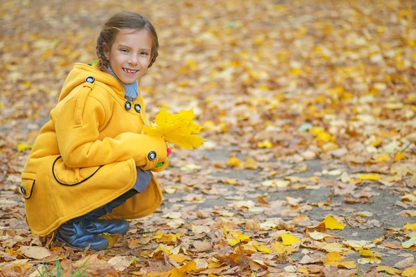 Little girl in yellow coat collects fallen leaves — Stock Photo, Image