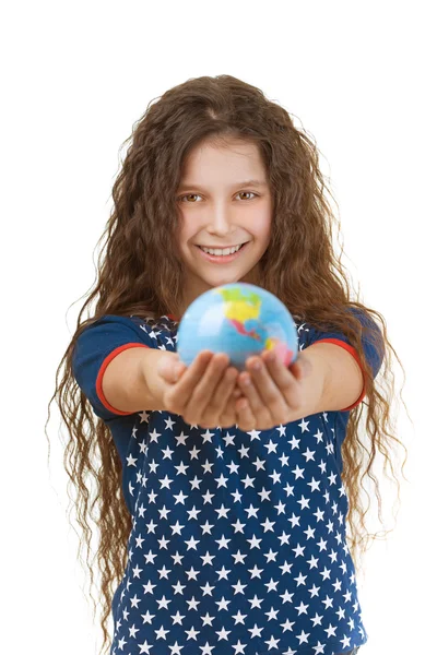 Smiling little girl with globe — Stock Photo, Image