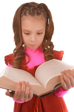 Kırmızı elbiseli ve kitap ile küçük kız