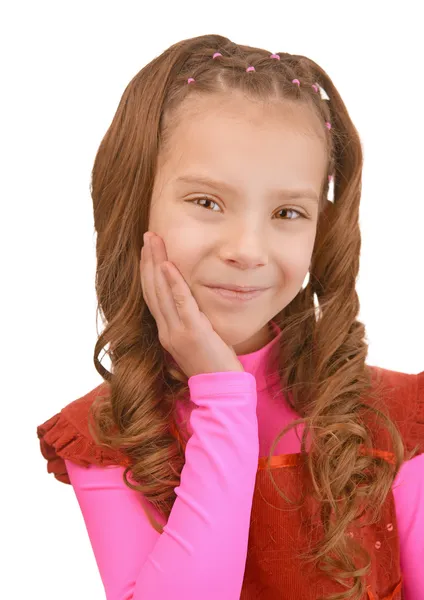 Colegial sorridente em vestido rosa — Fotografia de Stock