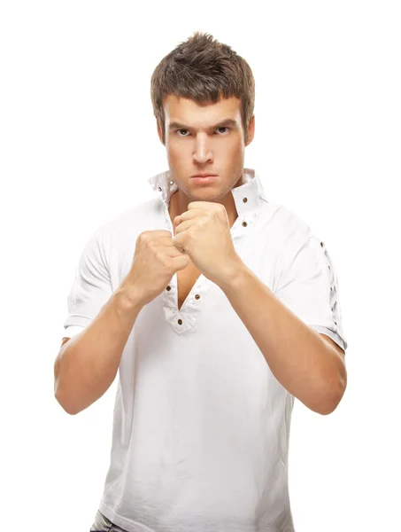 拳を保持している若い男のクローズ アップの肖像画 — ストック写真