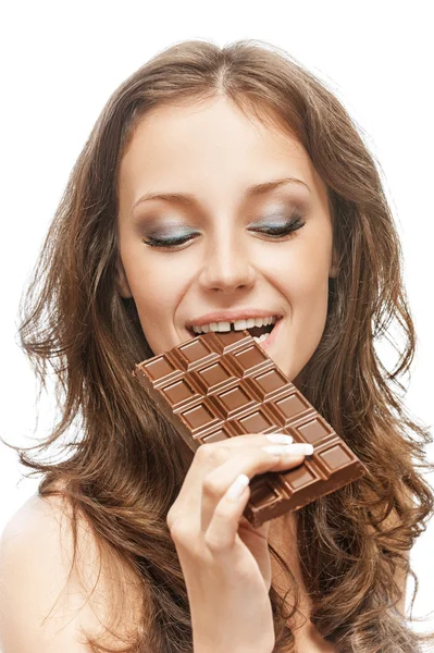 Mulher com barra de chocolate — Fotografia de Stock