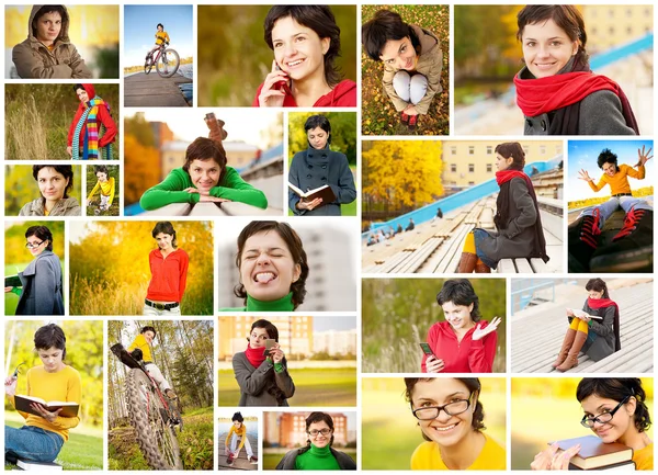 Koláž mladé ženy, na podzim — Stock fotografie