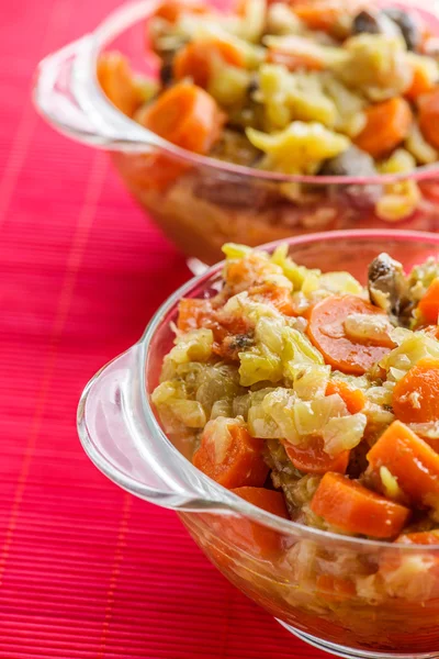 Fries with meat, cabbage and carrots — Stock Photo, Image