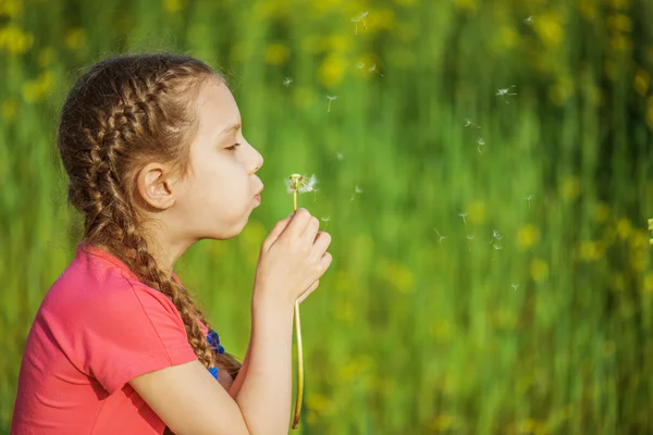 Kleines Mädchen bläst Löwenzahn — Stockfoto