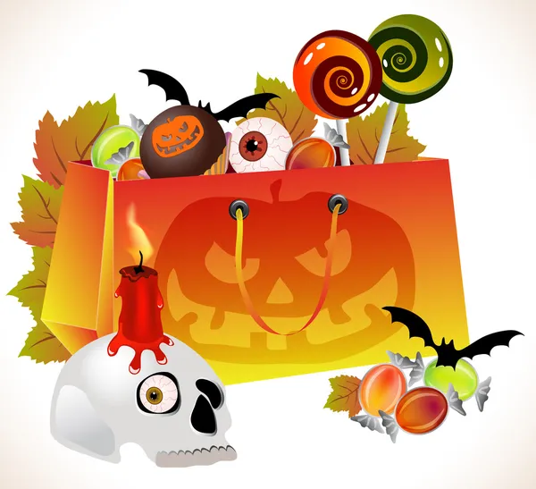 Saco de compras de Halloween com rosto assustador e doces — Vetor de Stock