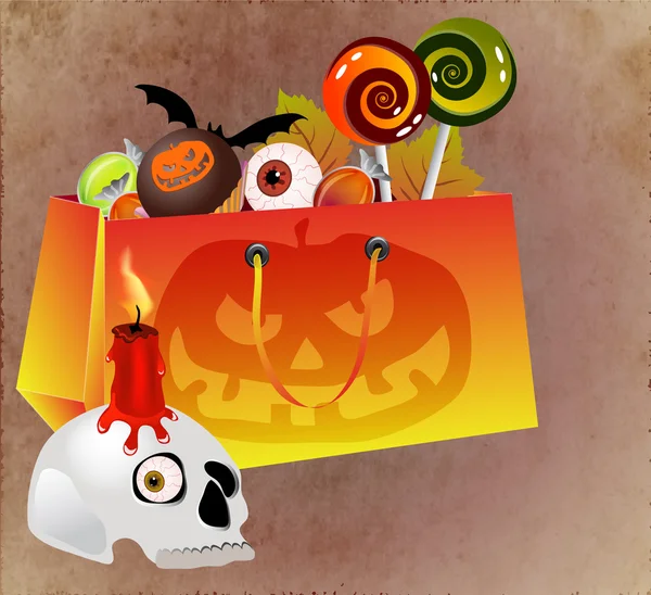 Bolsa de compras de Halloween con cara de miedo y dulces — Vector de stock