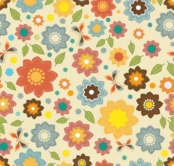 Modèle de couleur sans couture floral avec des fleurs et des papillons — Image vectorielle