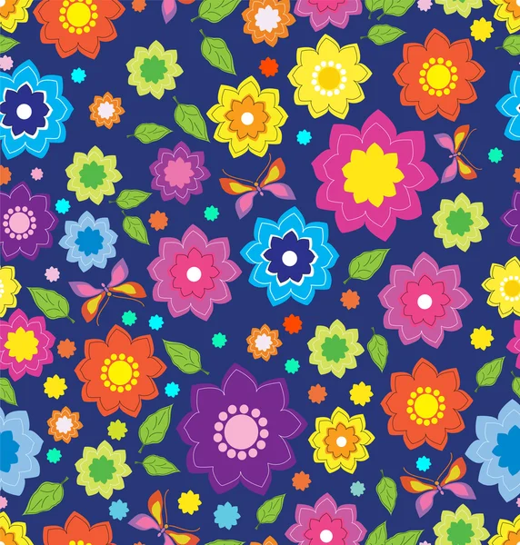 花と蝶と花のシームレスな色パターン — ストックベクタ