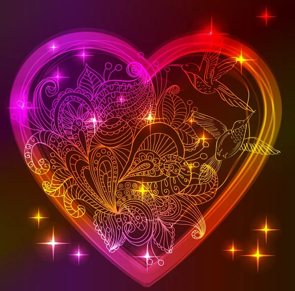 Carte de Saint-Valentin avec coeur floral et oiseaux — Image vectorielle