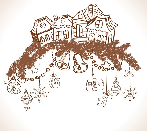 Kerstkaart voor xmas ontwerp met bont boom, huizen en decorat — Stockvector