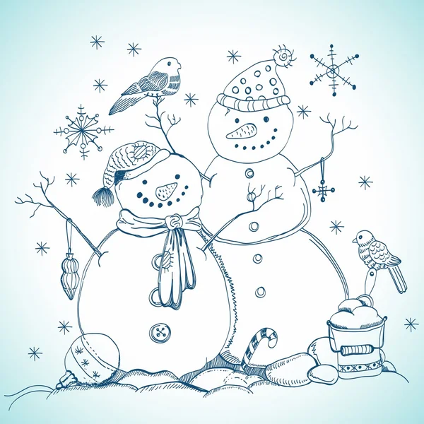 Carte de Noël pour la conception de Noël avec bonhommes de neige dessinés à la main — Image vectorielle