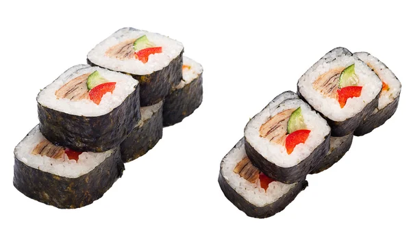 Ensemble de rouleaux de sushi à l'anguille, poivre doux, concombre — Photo