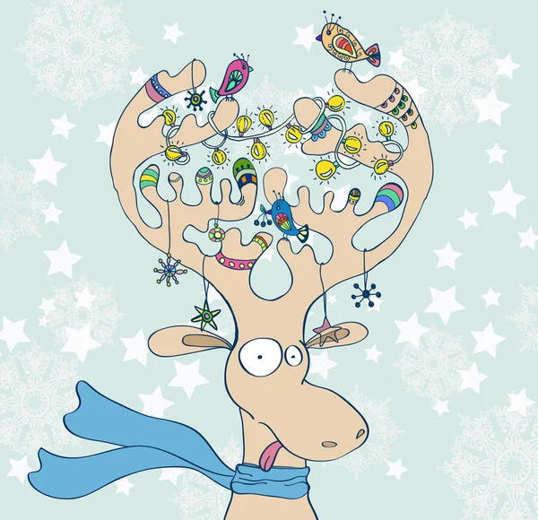 Illustration von Weihnachten Hirsch mit Schal und Dekoration — Stockvektor