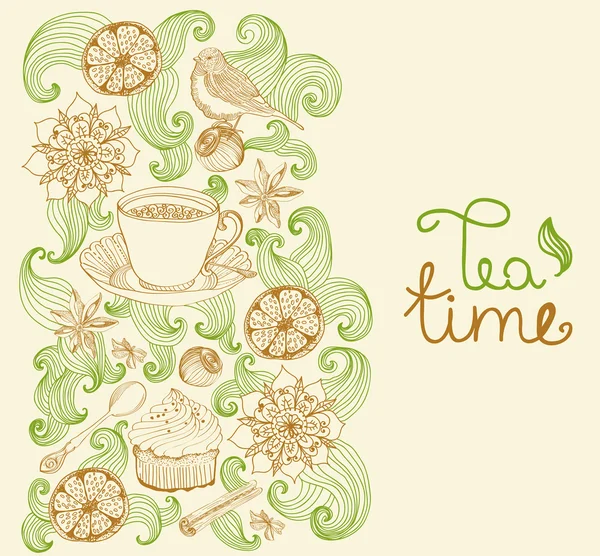 Fondo de garabato para la hora del té — Vector de stock