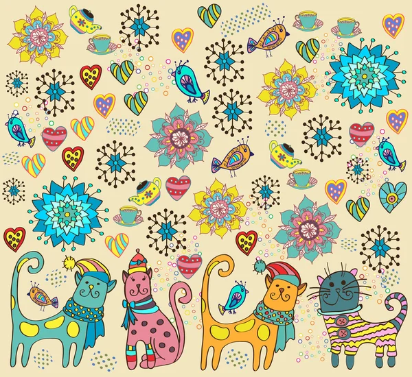 Bright background with cats, flowers and hearts — Stock Vector