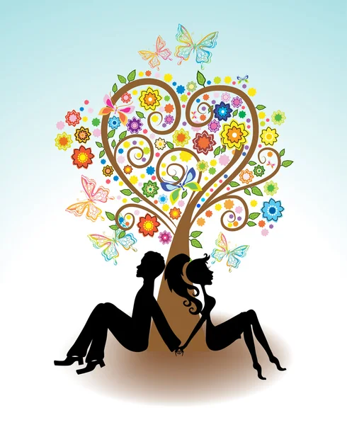 Man, Woman sitting under Love tree — Stock Vector