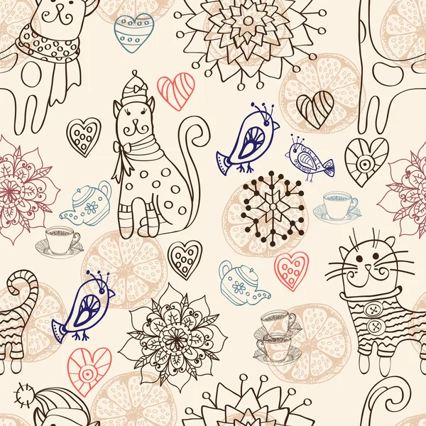 Fond sans couture avec des chats et des fleurs — Image vectorielle